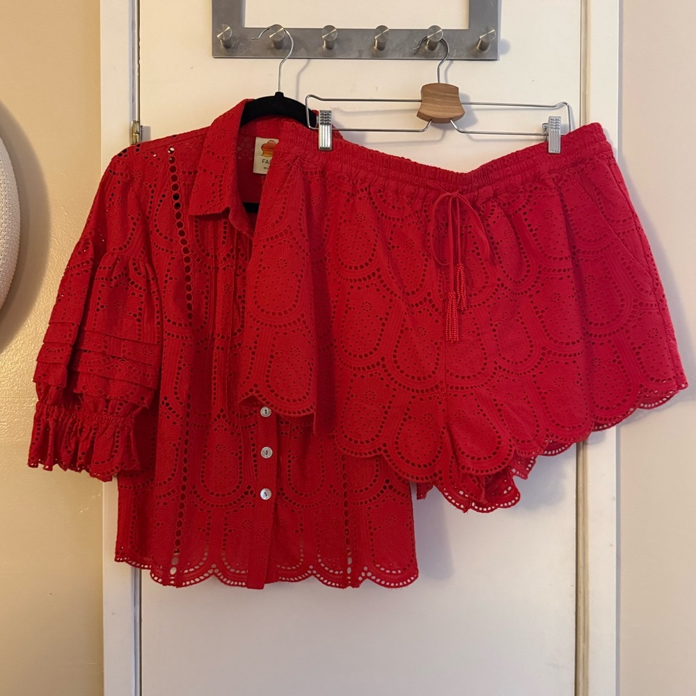 Farm Rio Red Pineapple Eyelet Blouse and Shorts Set - Picture 2 of 9